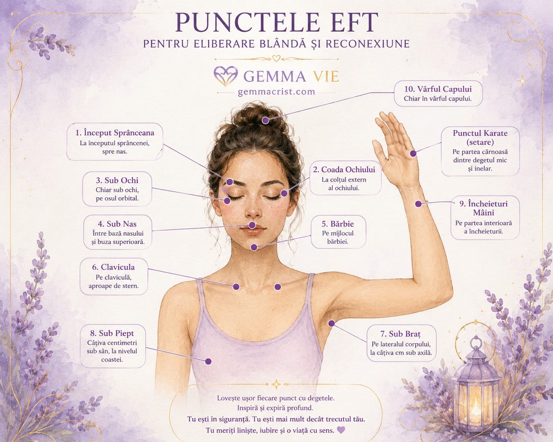 Harta punctelor EFT: punctul karate pe muchia palmei, început de sprânceană, coada ochiului, sub ochi, sub nas, bărbie, claviculă, sub braț, sub piept, încheietura mâinii, vârful capului